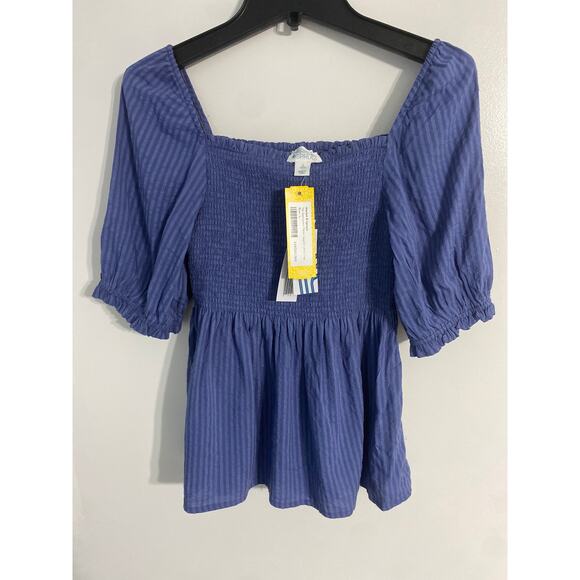 Market & Spruce top girls size L (12-14) blue stripes smocked puff sleeve NEW - Picture 1 of 6